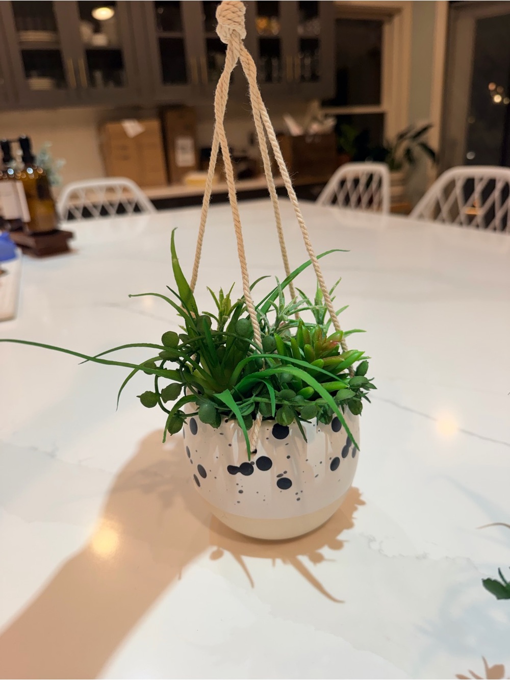 hanging flower pot with faux succulents